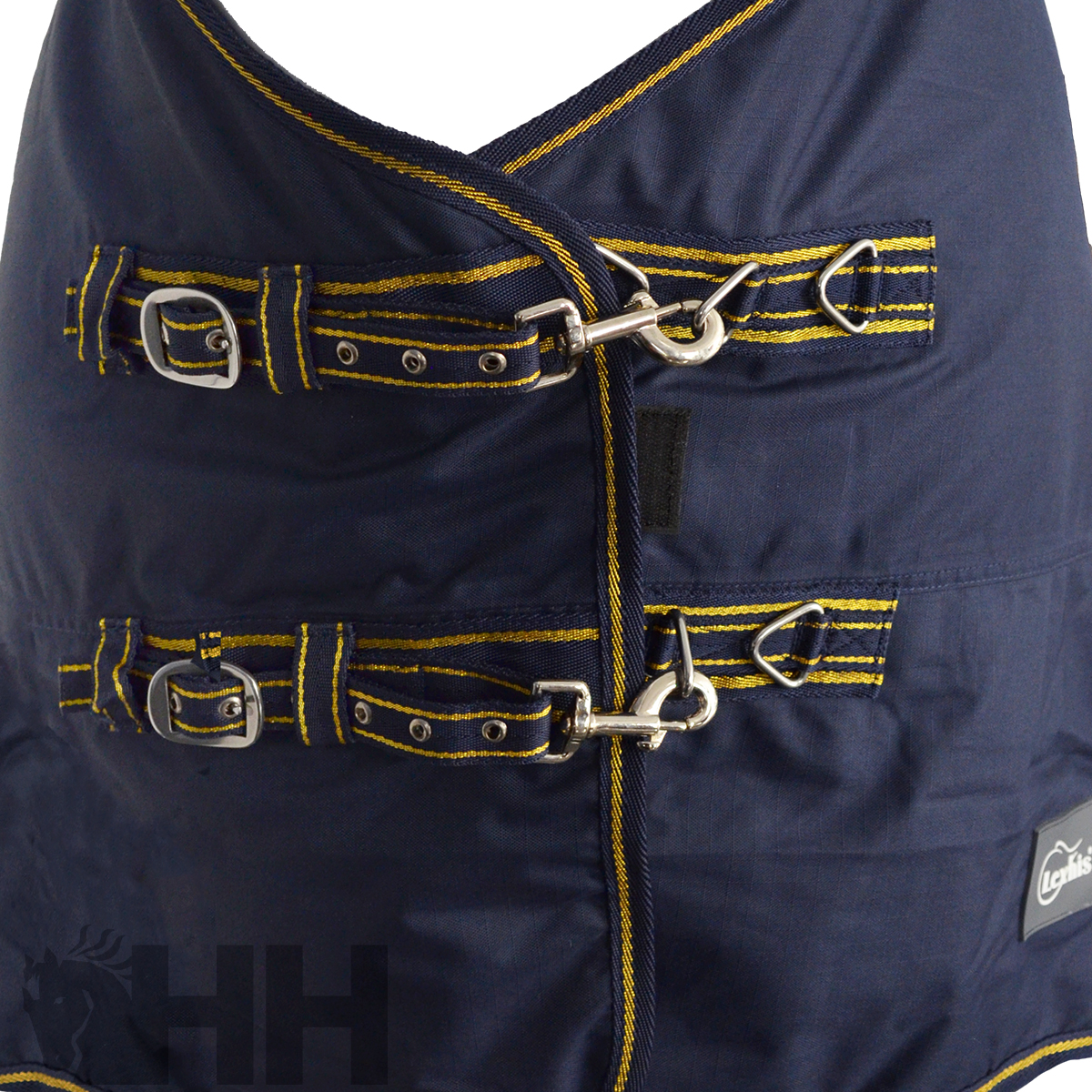 Cobertor azul escuro para cavalo com fivelas metálicas e costuras amarelas