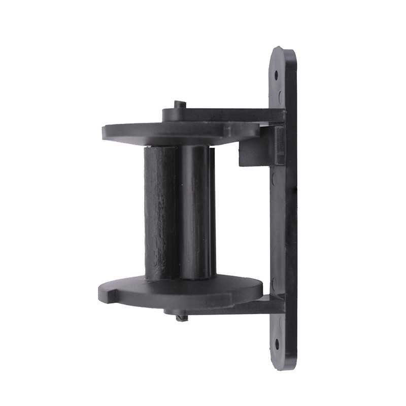 Suporte de parede em metal preto com base rectangular e estrutura cilíndrica.