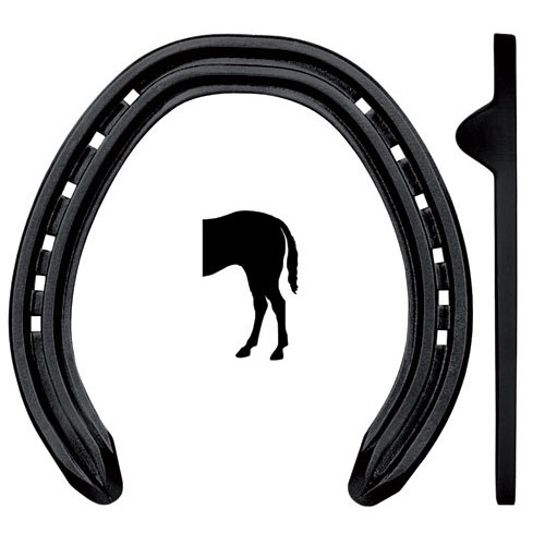 Ferradura preta vista de três ângulos contra fundo branco