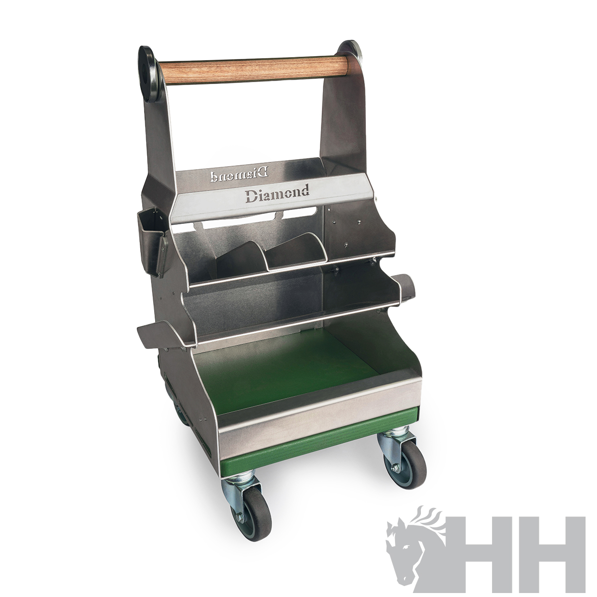 Carrinho organizador metálico com divisórias e roda, cabo de madeira