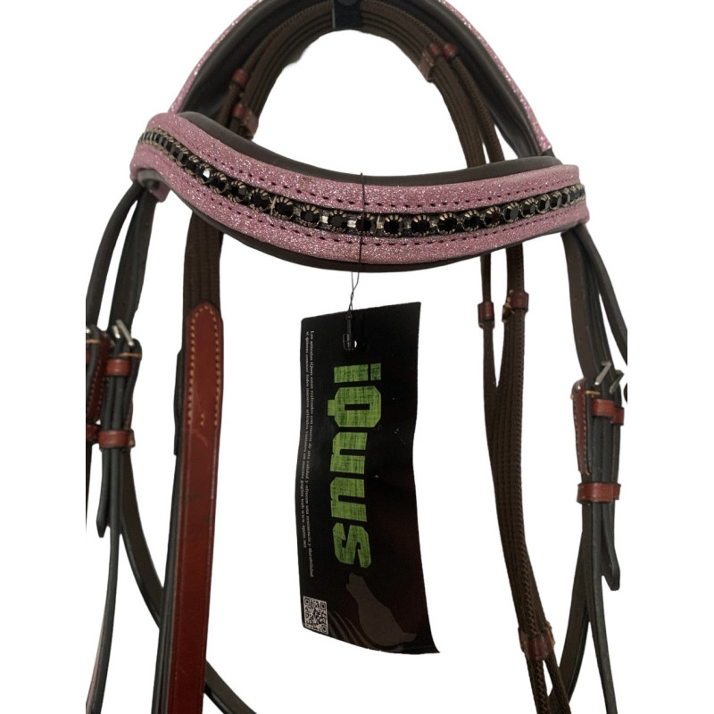 Cabresto de cavalo rosa e castanho com brilhantes e etiqueta IQUUS