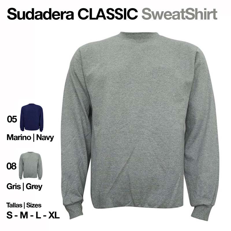 Sweatshirt clássica cinza com descrições de cores e tamanhos