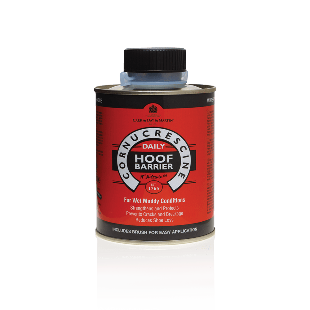 Frasco de proteção diária para cascos CORNUCRESCINDA com rótulo vermelho, branco e preto