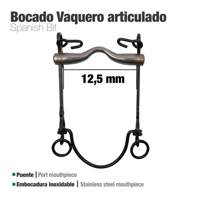 Bocado vaquero articulado em aço inoxidável com medidas e texto informativo em fundo branco