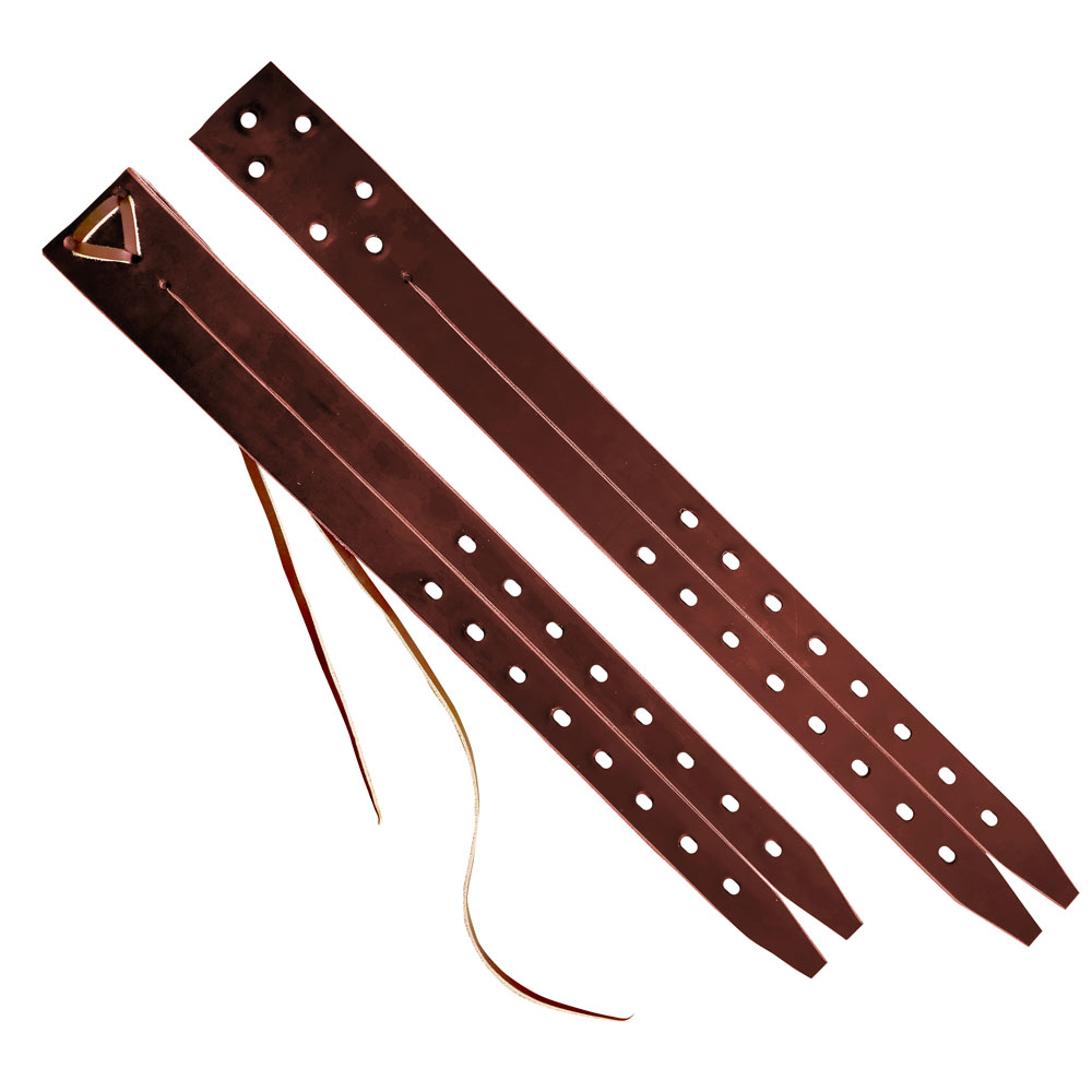 Tiras de couro castanho com furos e cordão pendurado