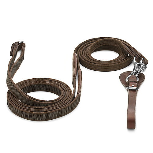 Rédeas para cavalo em tecido castanho com punhos em couro e fechos metálicos