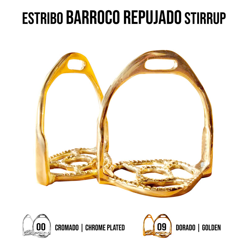 Estribo barroco repuxado dourado para equitação com detalhes decorativos e acabamento brilhante