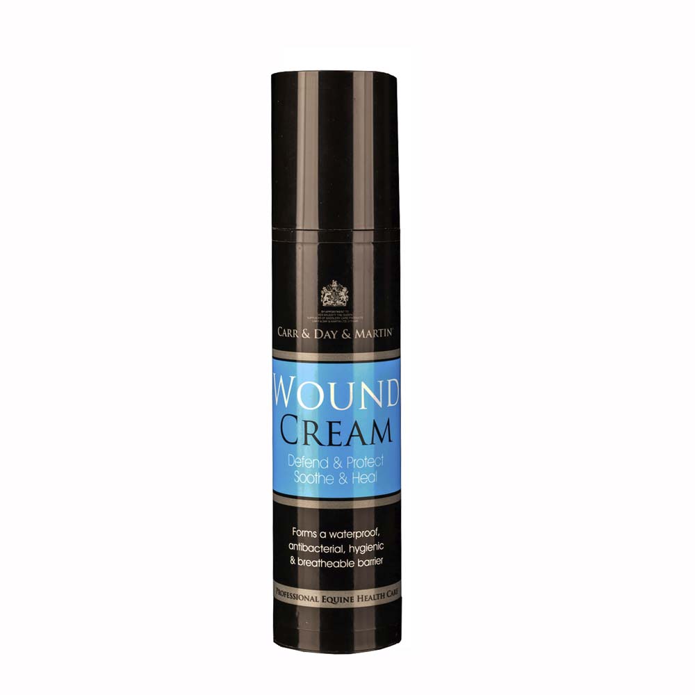 Frasco preto de creme para feridas com rótulo azul e preto