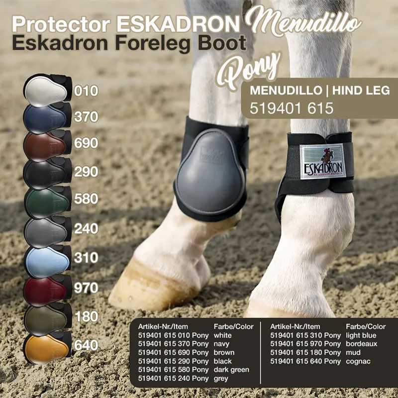 Proteções para pernas dianteiras de pôneis Eskadron em várias cores com etiquetas e texto promocional