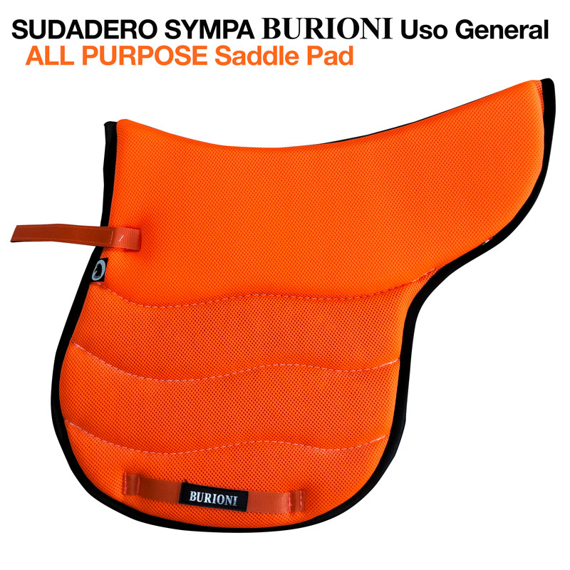 Almofada de sela laranja com tiras e etiqueta BURIONI