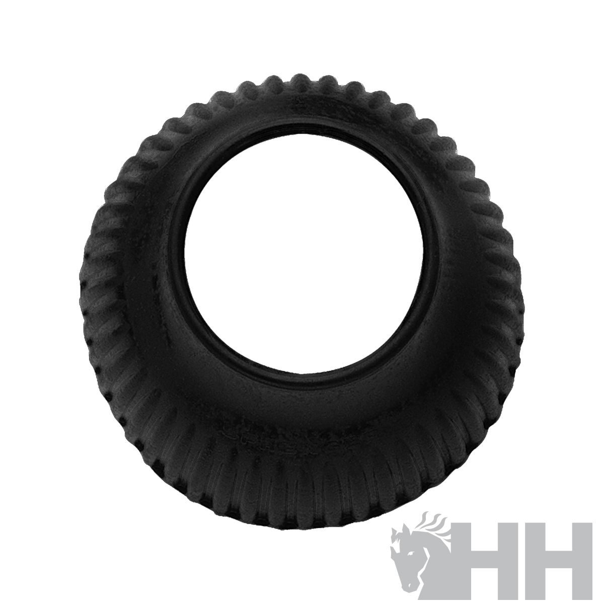 Pneu preto com sulcos laterais visto de cima