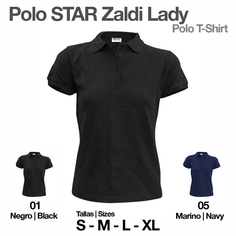 Polo feminino Zaldi Lady preto e azul-marinho com botões e gola, tamanhos S a XL