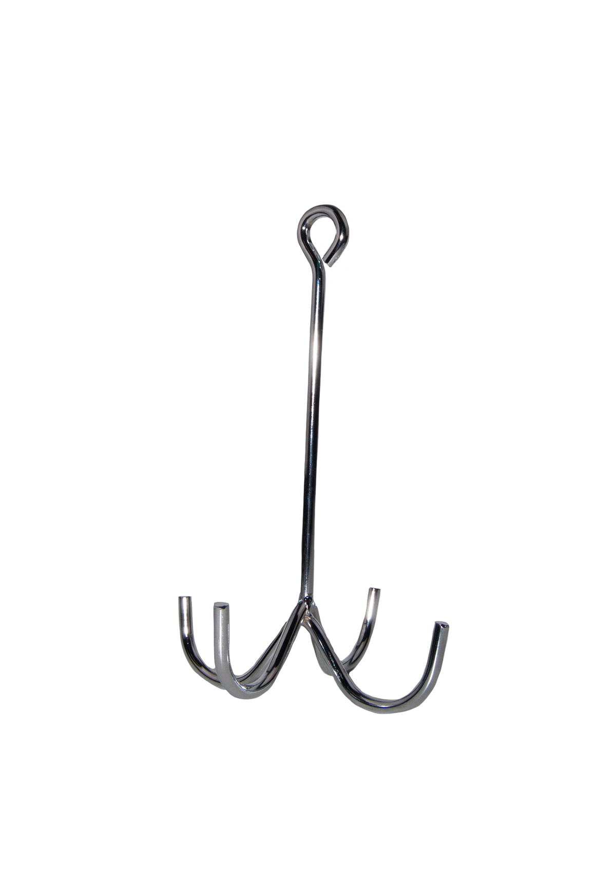 Gancho metálico prateado com cinco pontas curvas e alça