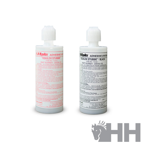 Duas embalagens de adesivo Equilox Stubbie com tampas brancas e rótulos vermelhos e pretos