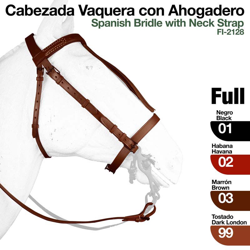 Cabeçada vaqueira castanha numa escultura branca de cavalo com texto a descrever cores e tipo de cabeçada