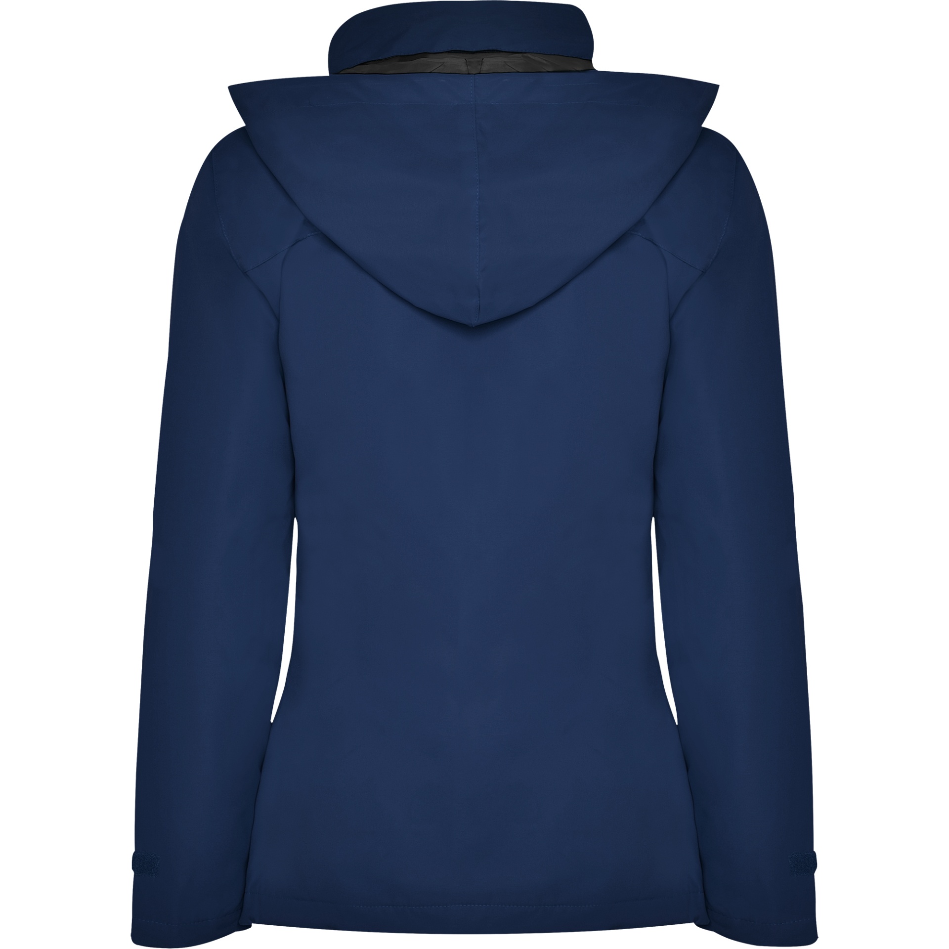 Casaco feminino azul escuro com capuz visto por trás