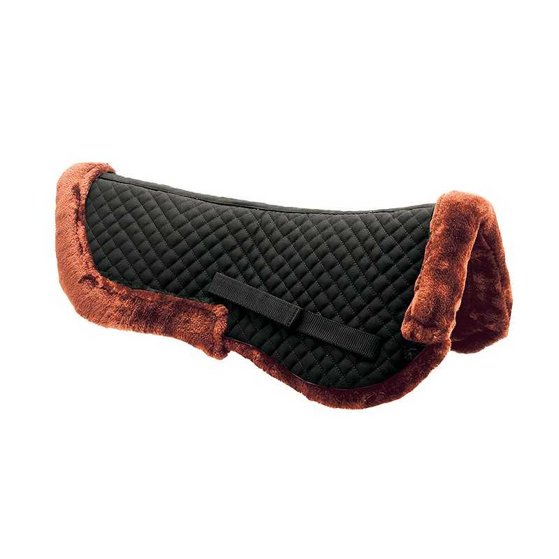 Sela para cavalo preta acolchoada com bordas de pelo castanho