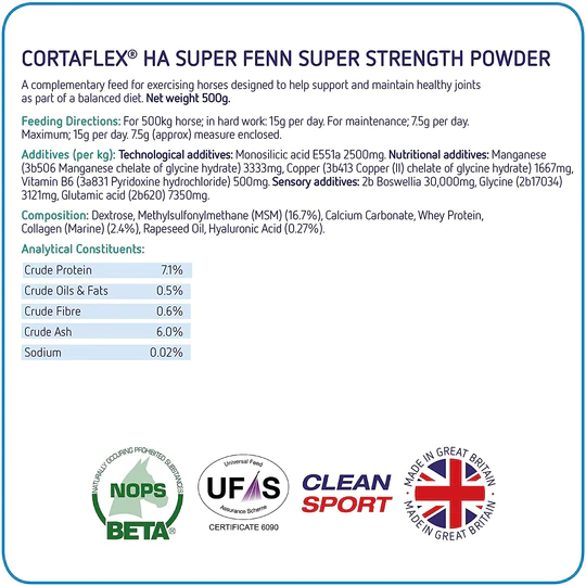 Etiqueta do suplemento alimentar CORTAFLEX HA SUPER FENN SUPER STRENGTH POWDER, detalhes de composição e certificações.