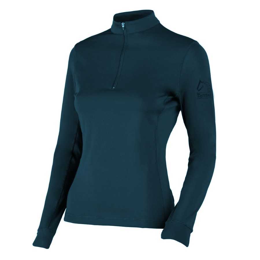 Camisola feminina azul escuro com fecho de meio zíper e gola alta