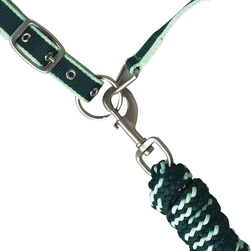 Coleira ajustável em tecido verde e branco com fivela e mosquetão metálicos e corda trançada