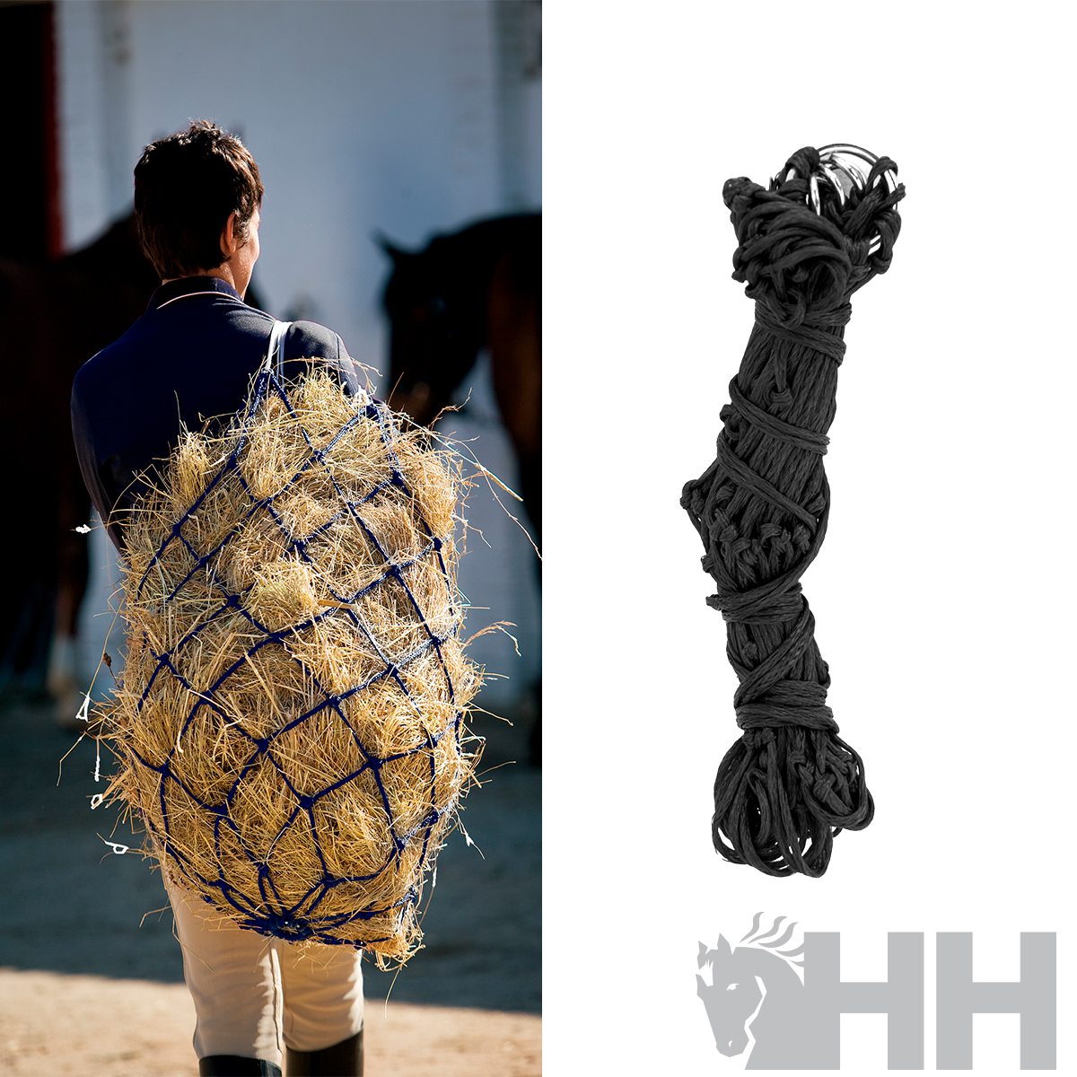 Rede de corda azul para feno de cavalo