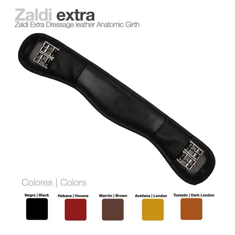 cincha anatomic dressage de couro preto com fivelas metálicas e variações de cor