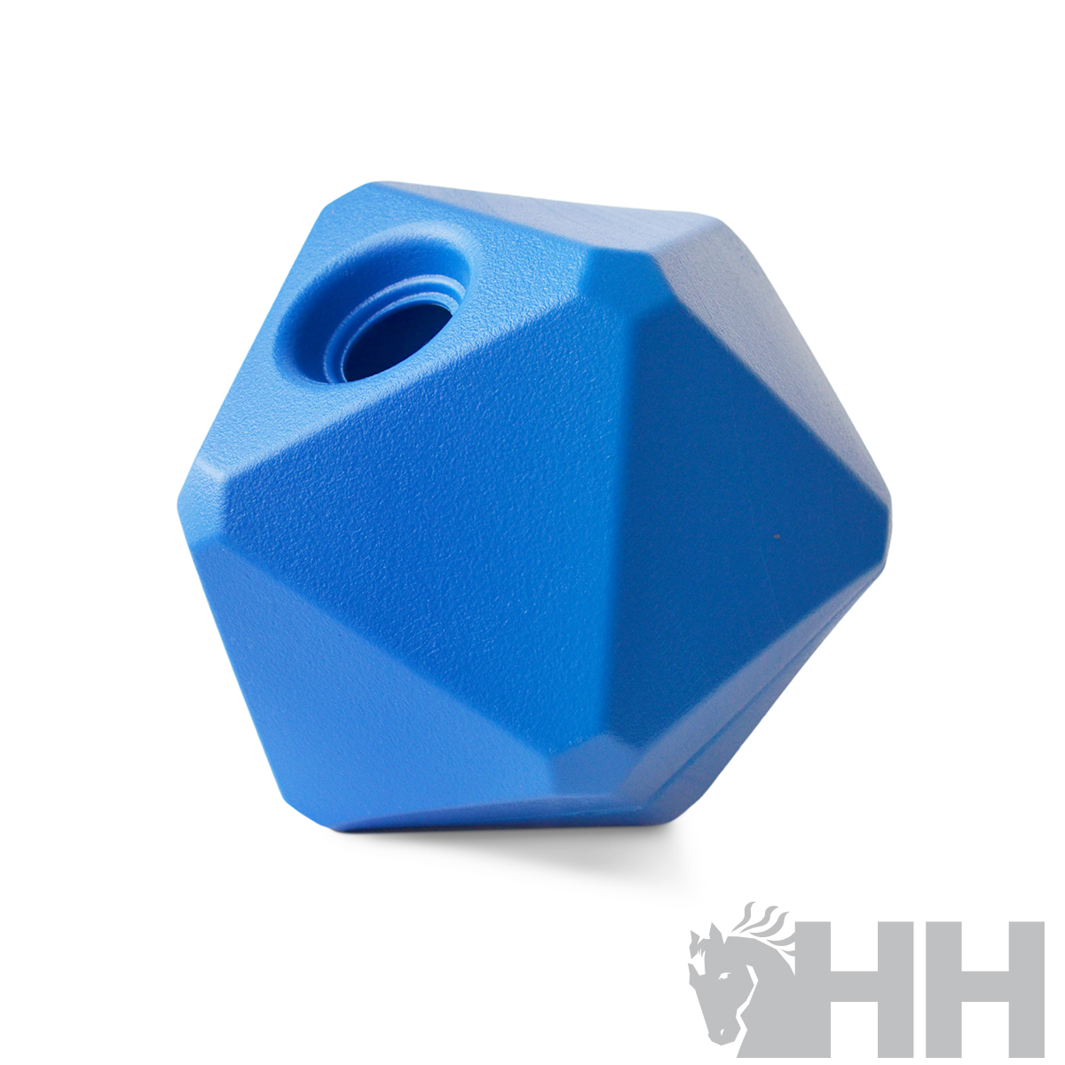 Recipiente azul poligonal com orifício circular e textura mate