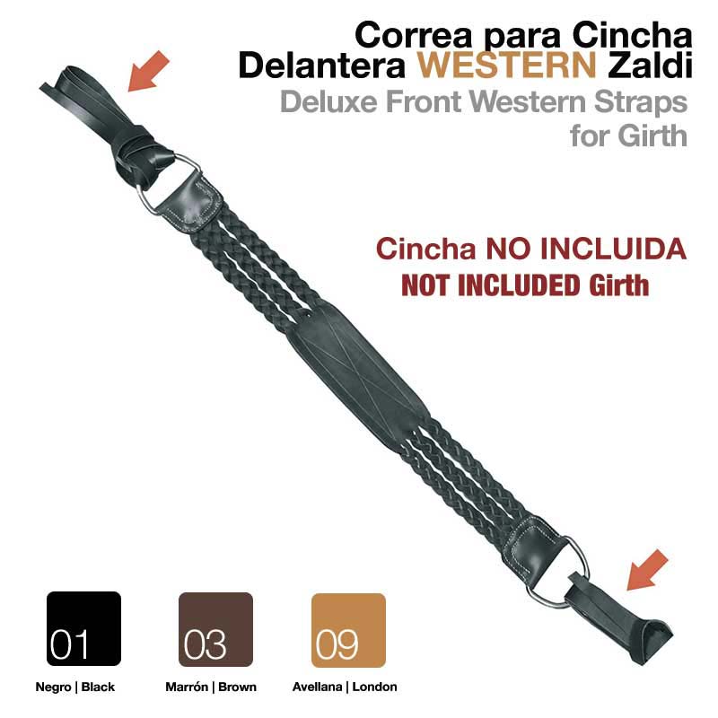 Correia para cincha preta com design trançado e texto informativo