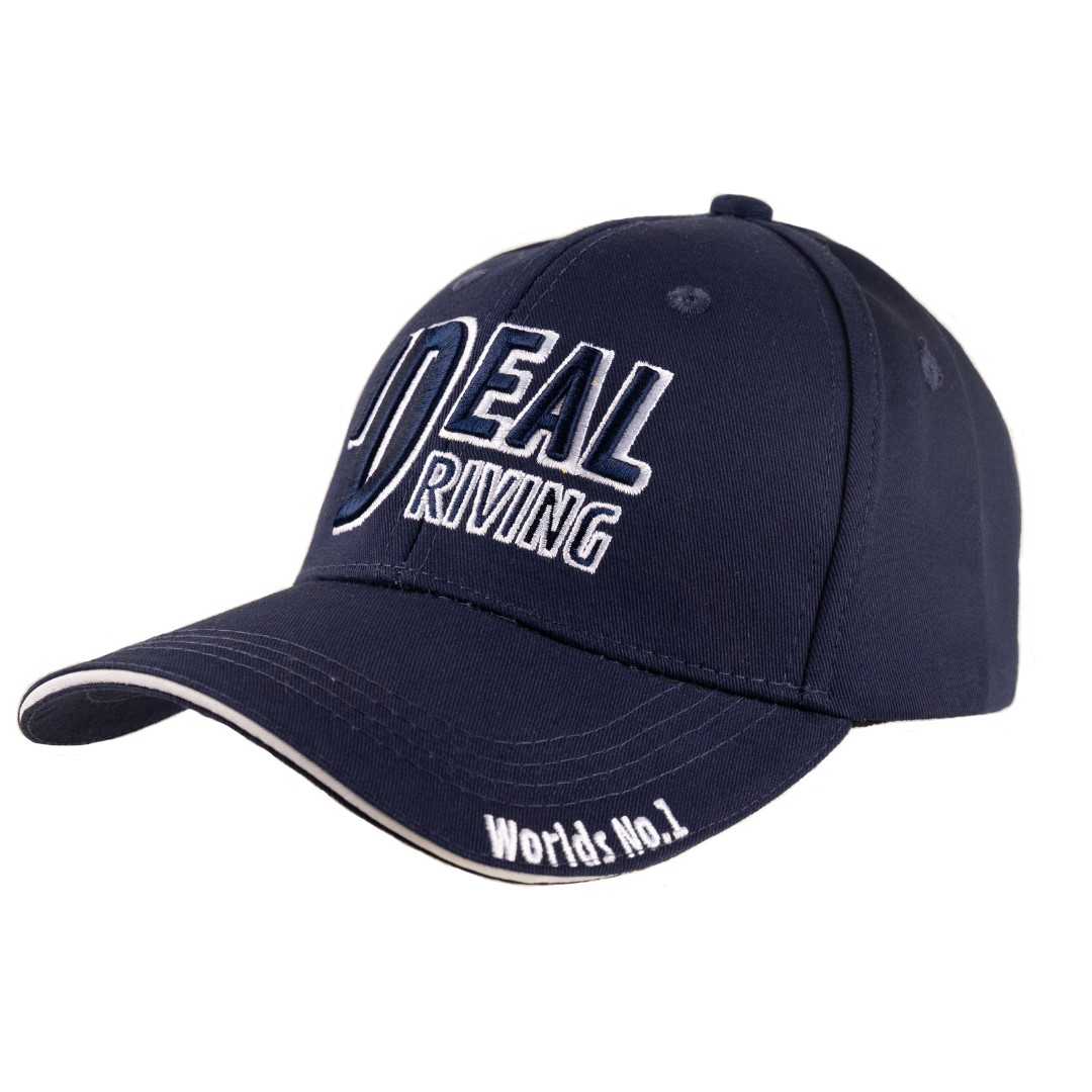 Boné azul escuro com bordado branco e texto na aba