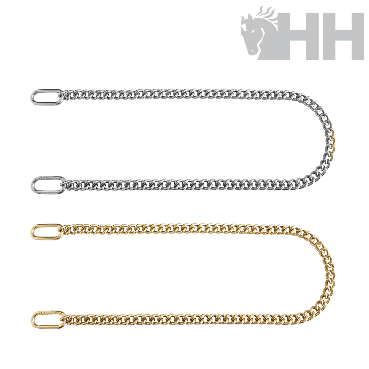 Duas correntes metálicas, uma em prata e outra em dourado, com elos e terminais ovais fechados.