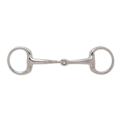 Freio de anel inoxidável para cavalo com argolas e peça central articulada.