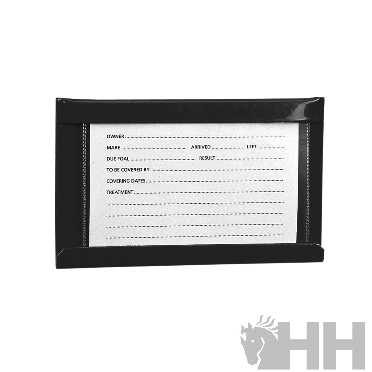 Porta etiquetas preto com cartão branco para preenchimento com campos OWNER, MARK, ARRIVED, LEFT, DUE FOAL, RESULT, TO BE COVERED BY, COVERING DATES e TREATMENT