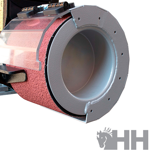 Tambor metálico cinza e vermelho com tampa transparente e logótipo HH