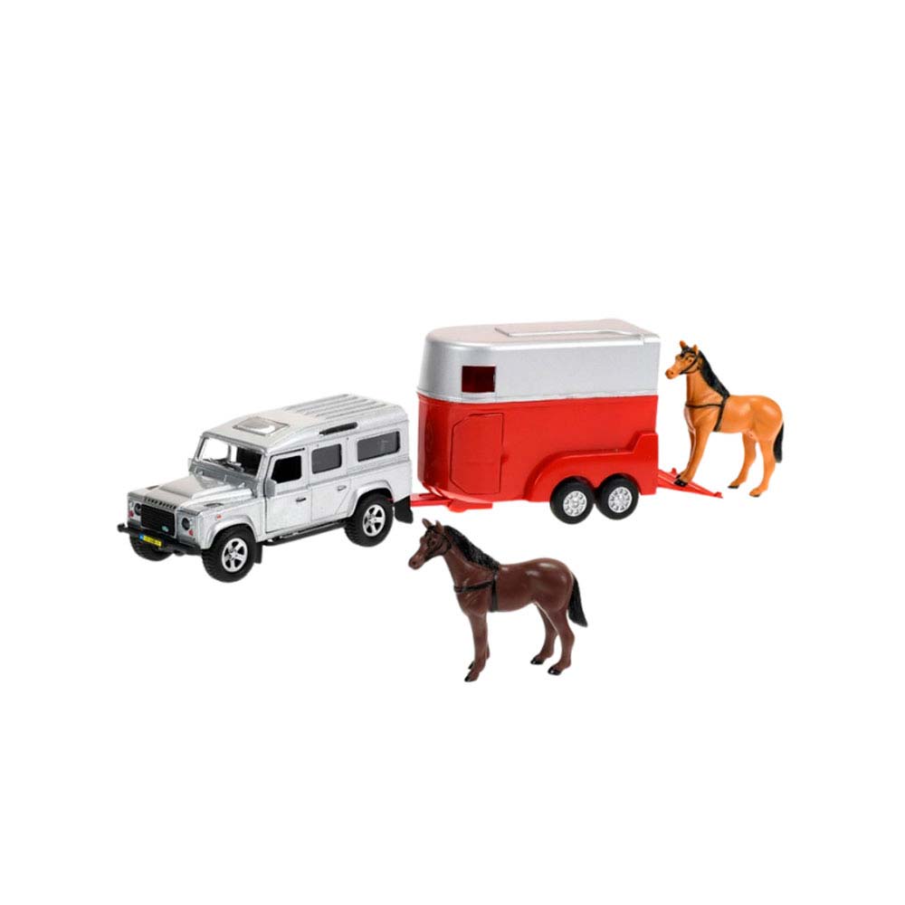 Carrinha de brinquedo com atrelado e duas miniaturas de cavalos