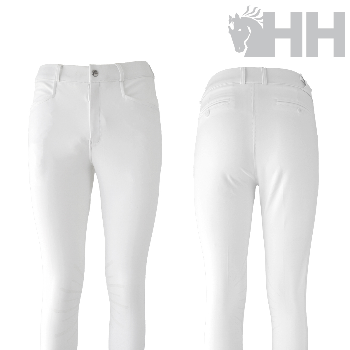 Calças brancas femininas com bolsos, botão metálico e logótipo Horse Horse HH cinzento