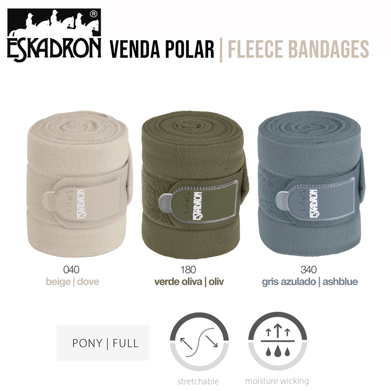 Três vendas polares em bege, verde oliva e cinza azulado com fecho de velcro e etiqueta ESKADRON.
