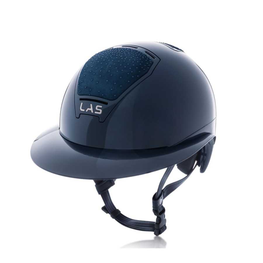 Capacete de equitação azul escuro com logótipo LAS e viseira.