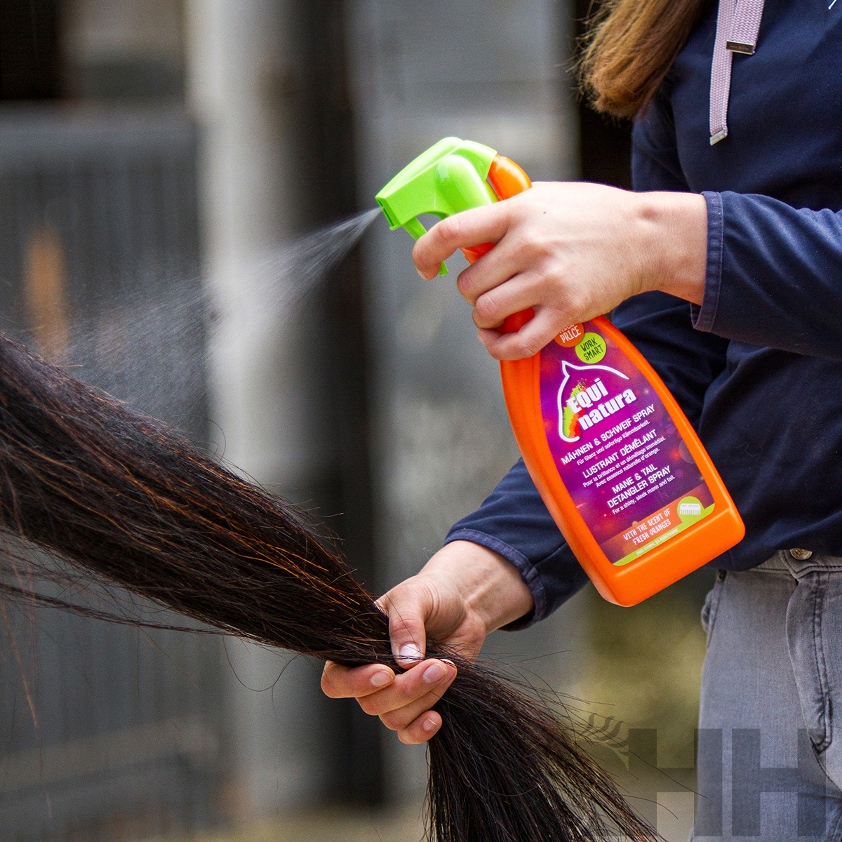 Pessoa a aplicar spray laranja em crina de cavalo com frasco Soul Natura