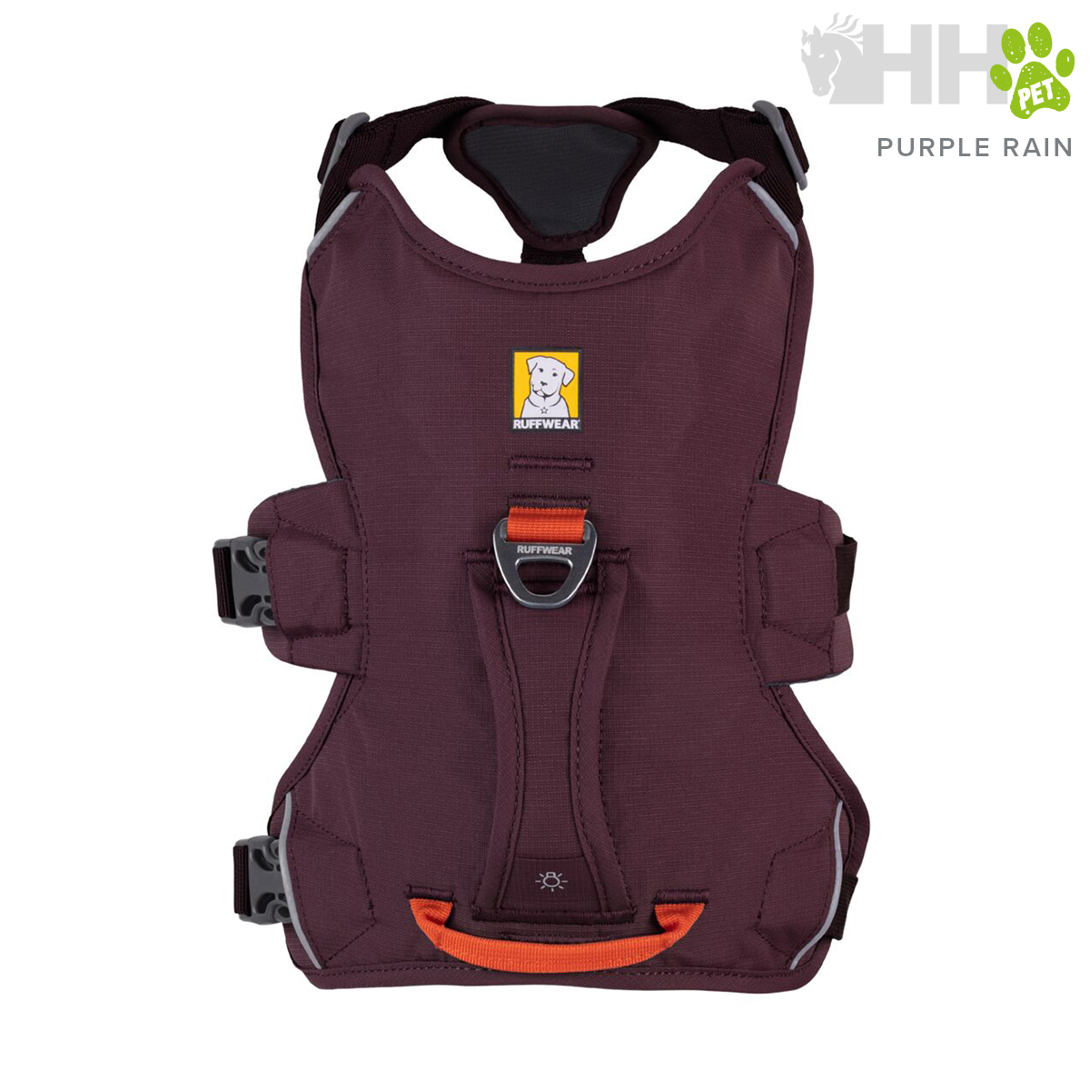 Arnês de tecido roxo para cão com fechos pretos e detalhes laranja