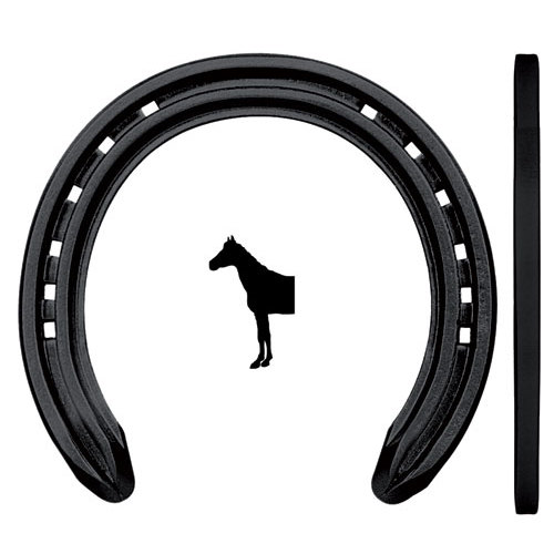 Ferradura preta metálica com desenho de cavalo ao centro