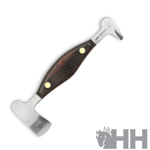 Ferramenta com cabo de madeira e metálico com lâmina e ponta curva