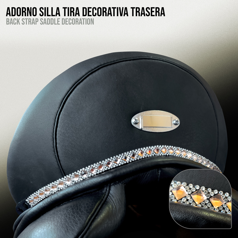 Adorno traseiro decorativo para sela de cavalo com tira preta e pedras brilhantes