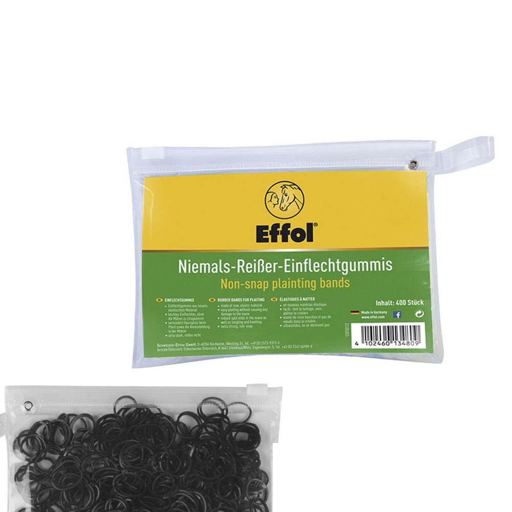 Pacote de bandas elásticas pretas para tranças Effol em saco plástico transparente com rótulo amarelo e verde.