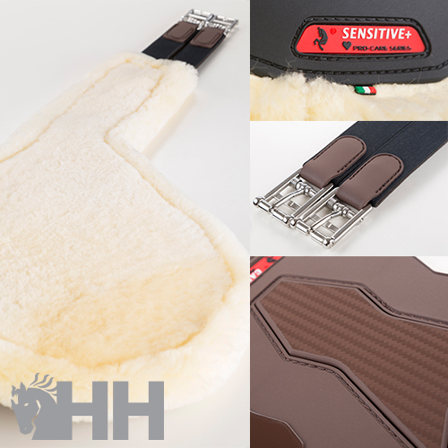 Cilha para cavalo em pele sintética branca, couro castanho, tecido preto e fivelas metálicas