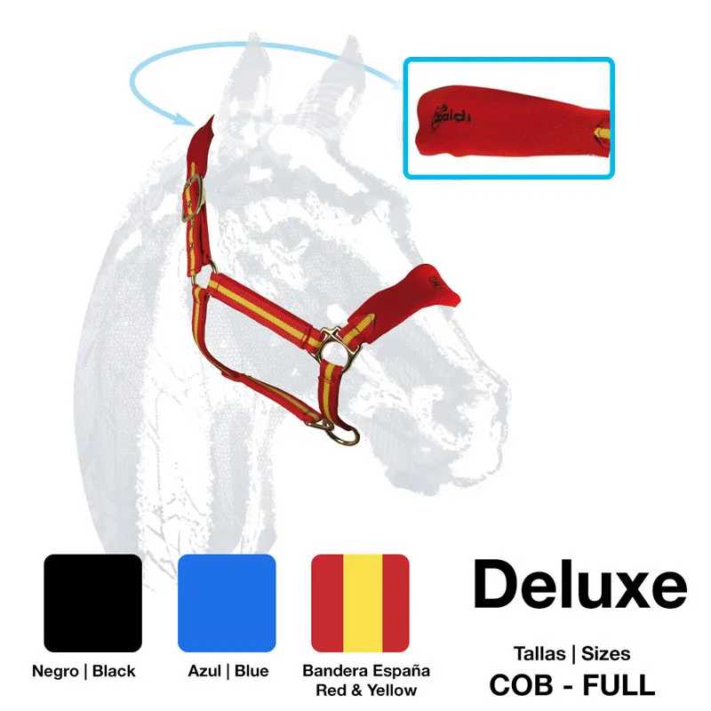 Cabresto vermelho com detalhes amarelos e vermelhos para cavalo com texto e cores. 
