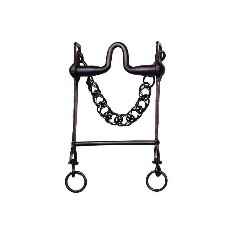 Freio preto de metal com corrente e argolas sobre fundo branco