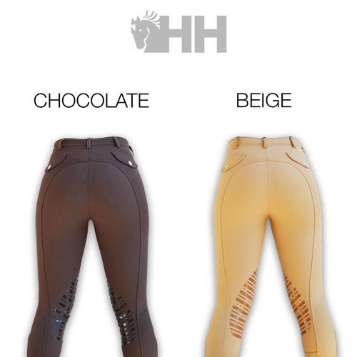Duas calças de equitação, uma chocolate e outra bege, com adesivos antiderrapantes nas panturrilhas