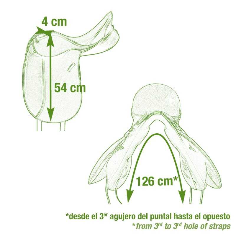 Ilustração técnica de sela de equitação com medidas de altura, comprimento e largura.