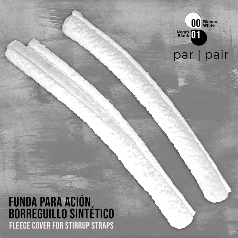 Par de fundas sintéticas para estribos brancas texturizadas sobre fundo cinzento com texto