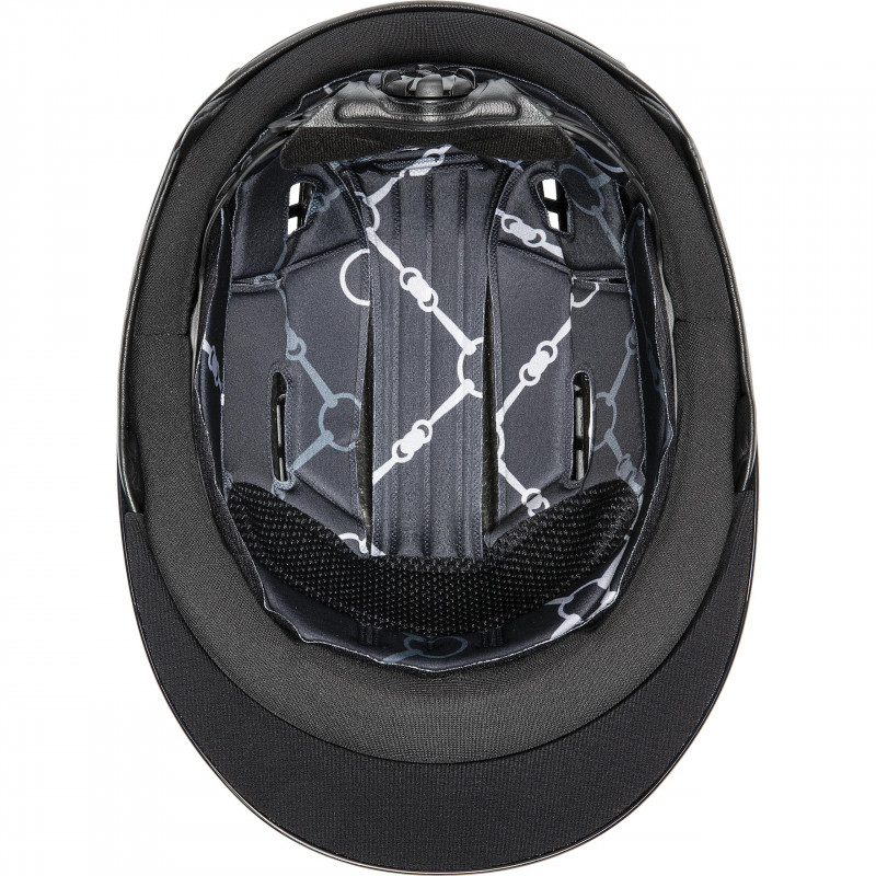 Interior de capacete preto com padrão de correntes cinza e branca